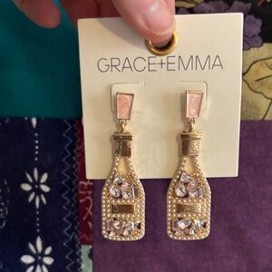 Pink Champagne Bottle Drop Earrings - Gold Tone
